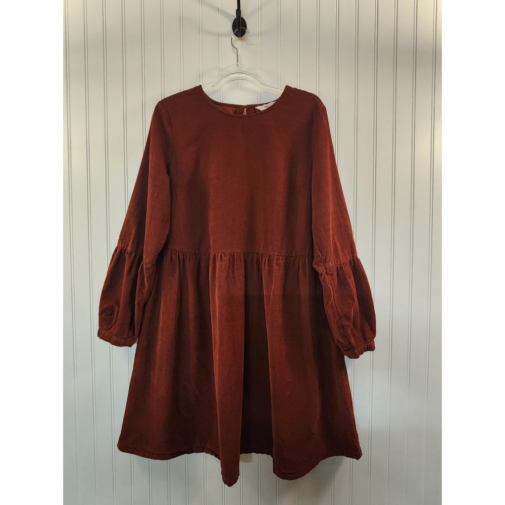 M&S Women's Copper Tan Corduroy Dress Size 14 Tall Balloon Sleeve Casual Holiday